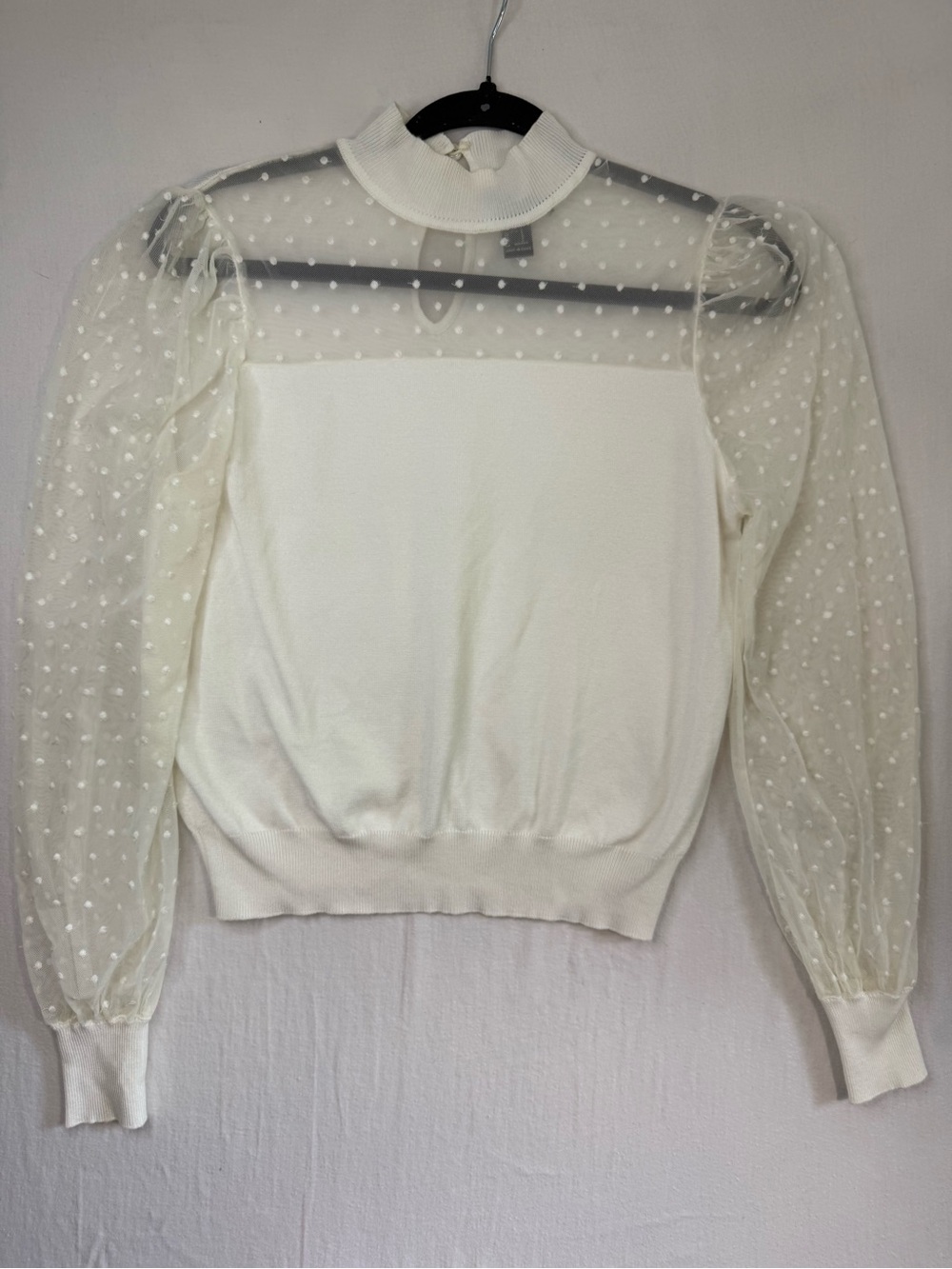 White Sheer Puff Sleeve Polka Dot Sweater Size Small